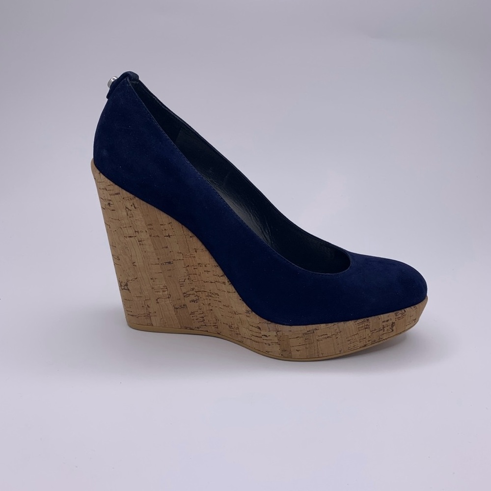 Stuart Weitzman Navy Blue Suede Corkswoon Wedge Pumps Size 9